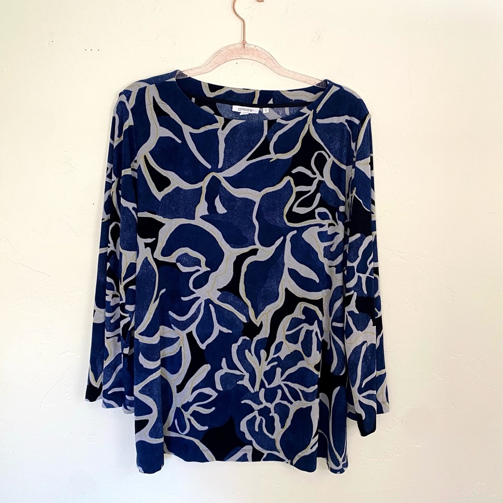 Chico's Women's XL Abstract Travelers Blue Gray Floral Long Sleeve Top